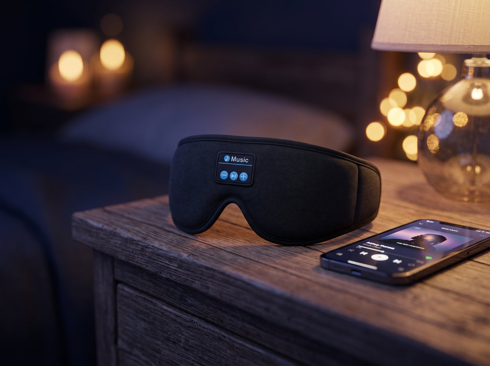 Wireless Bluetooth sleep mask on nightstand